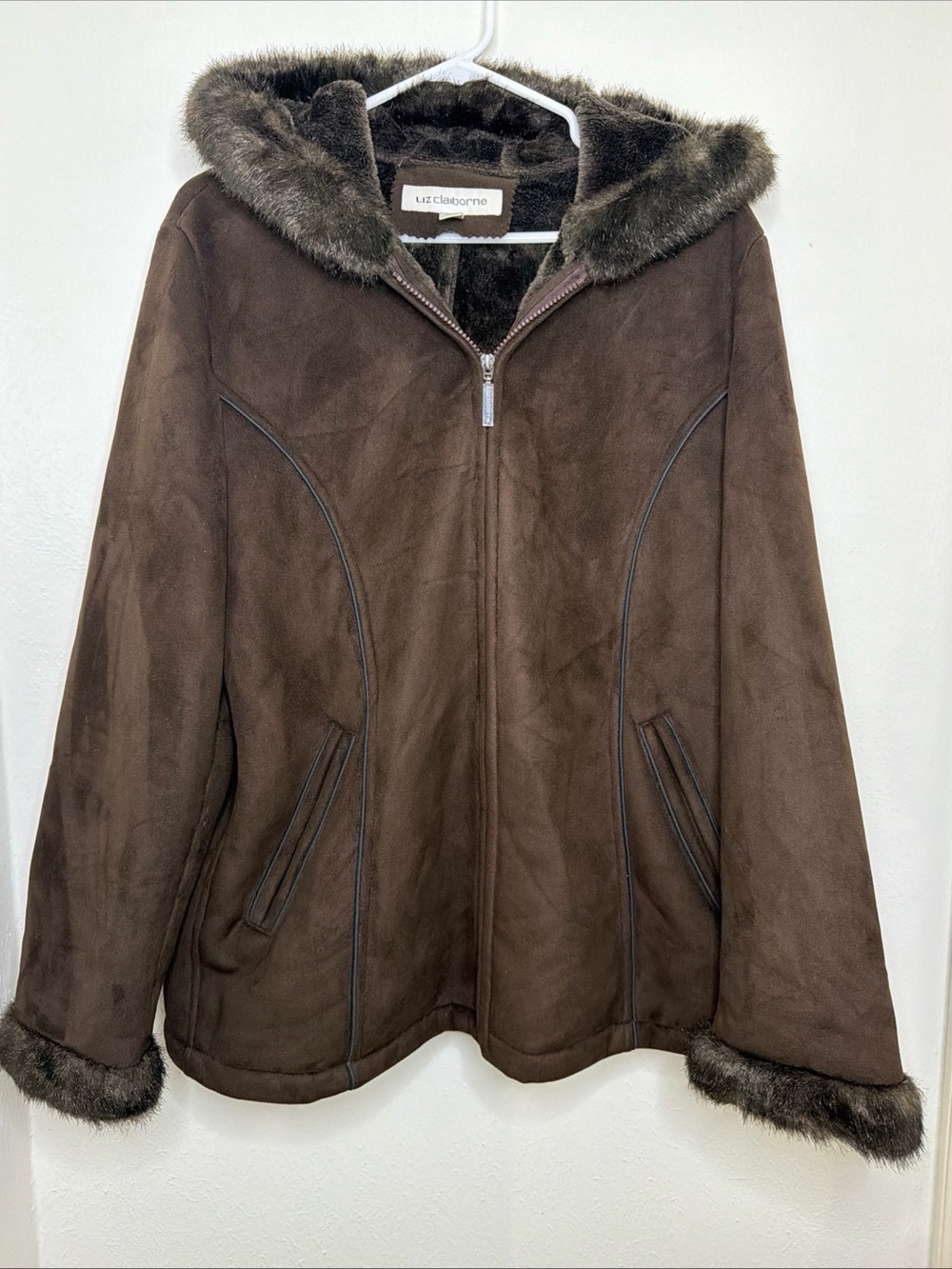 Liz Claiborne XL Brown Faux Suede Hooded Coat Faux Fur Trim Zip Front
